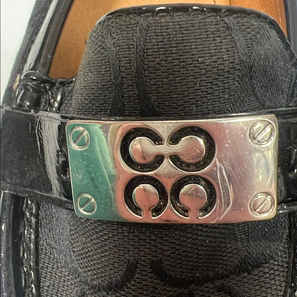Coach Black Signature Jacquard & Patent Leather Loafers with Silver Hardware Sz
